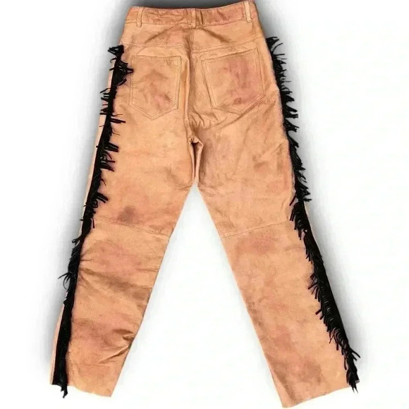 Vintage Western Brown Leather Pants Handmade Black Fringe 6P Straight Leg Chic - Picture 7 of 15